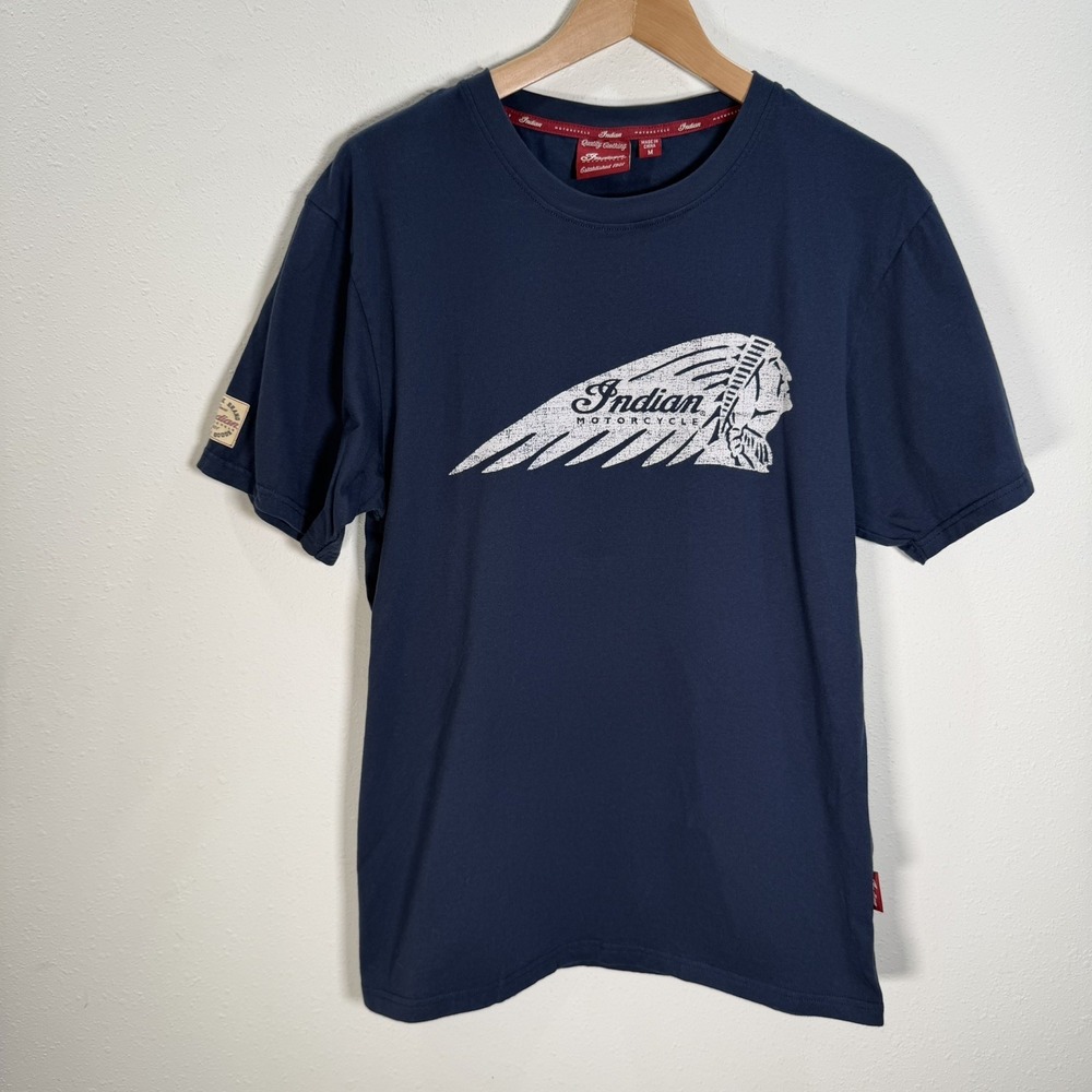 Indian Motorcycle T-shirt Men's Sz Medium Headdress Logo Tee Navy Blue Biker